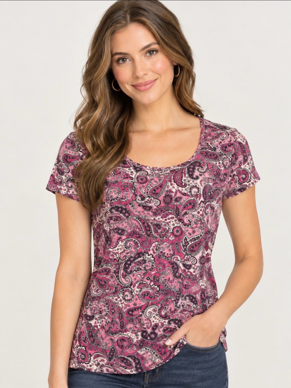 Notations Pink Paisley Scoop Neck Short Sleeve Top Size Small